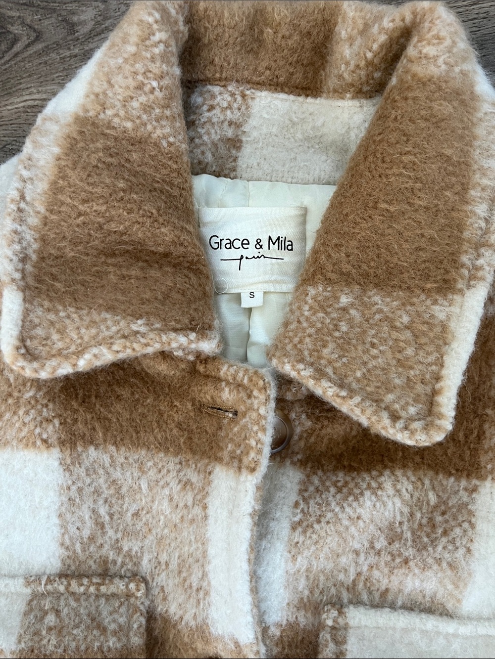 Grace & Mila Paris Blandine Plaid Jacket (Camel/Beige) Sz S  20% Wool - Picture 2 of 7